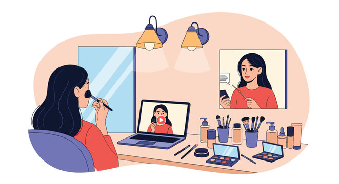 Young woman sitting at her vanity table applying makeup while watching a beauty tutorial video on her laptop screen in a bright room.