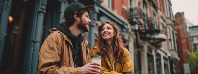 Obraz premium Young Couple Enjoying Coffee Break During City Exploration on a Cloudy Day