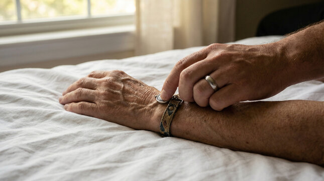 Senior hands pressing medical alert bracelet on bed
