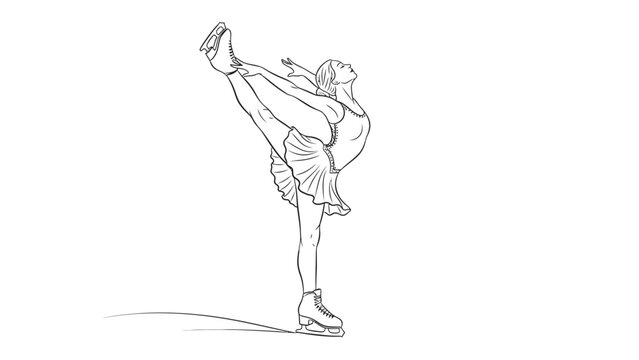 A woman in a dress and sneakers performs a high kick in a simple line drawing with a white background.