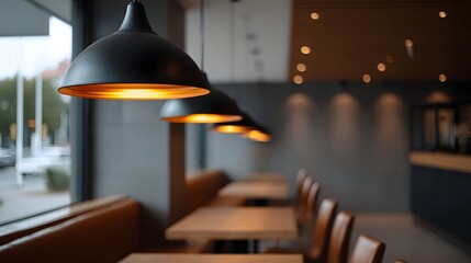 Fototapeta premium A row of modern black pendant lights illuminates tables and seating in a minimalist cafe with a warm ambiance
