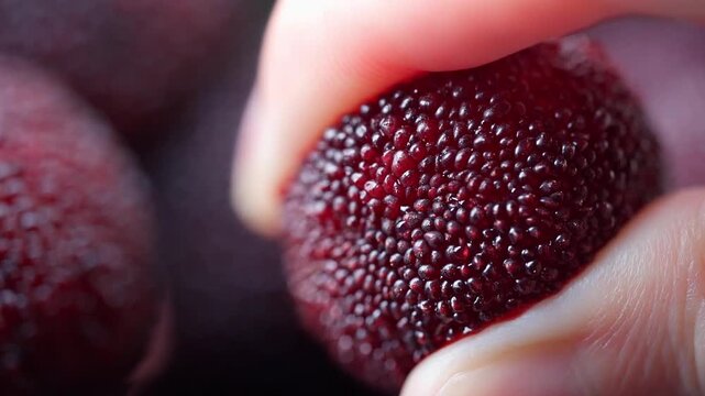 Extreme Macro of Fresh Red Yangmei Bayberry Squeezed by Hand with Juice Dripping for Food Advertising