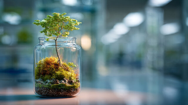 Sebuah pohon kecil tumbuh di dalam gelas berisi air dingin yang segar dengan daun hijau herba mint dan irisan jeruk nipis untuk menciptakan minuman teh alami yang sehat dengan latar belakang putih ter