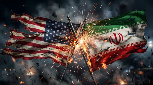 Us and iran flags clash in a dramatic scene with fireworks and sparks