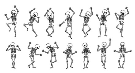 Obraz premium Collection of various dancing skeleton characters in fun and expressive poses drawn in a simple black and white cartoon style for halloween.