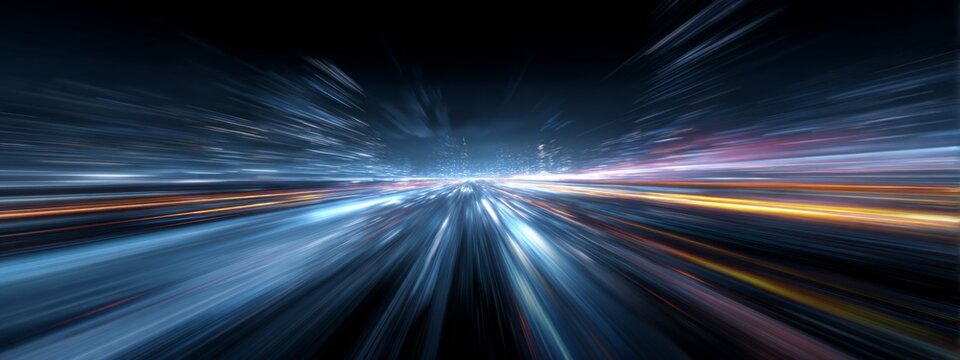 Dynamic Light Streaks Forming a Digital Highway in Cyberspace with Futuristic Effects and Motion Blur