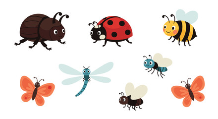 Obraz premium Group of cute cartoon insects featuring ladybug bee dragonfly and butterflies in friendly animated styles for kids.