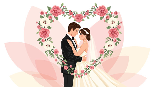 Romantic Wedding Couple Embracing Inside Floral Heart Frame