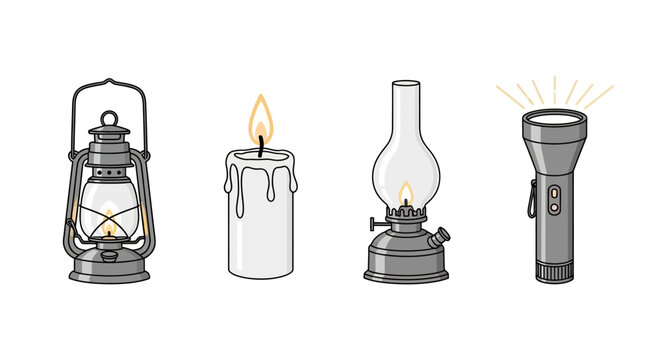 Vintage lanterns and flashlight with flame.
