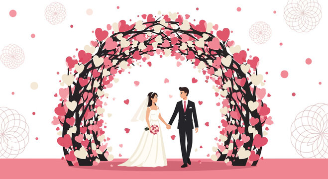 Romantic Wedding Couple Under Heart Archway - Love, Marriage, Engagement Celebration