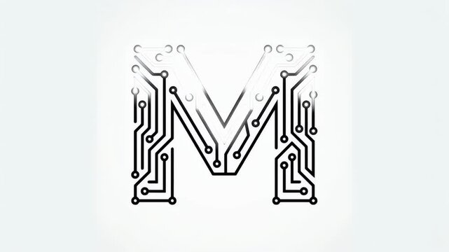 Modern digital technology letter M with motherboard electronic circuit lines