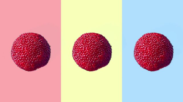 Extreme Macro of Fresh Red Yangmei Bayberry, Single Fruit on Beige and Multi-color Grid Pattern for Food Ads