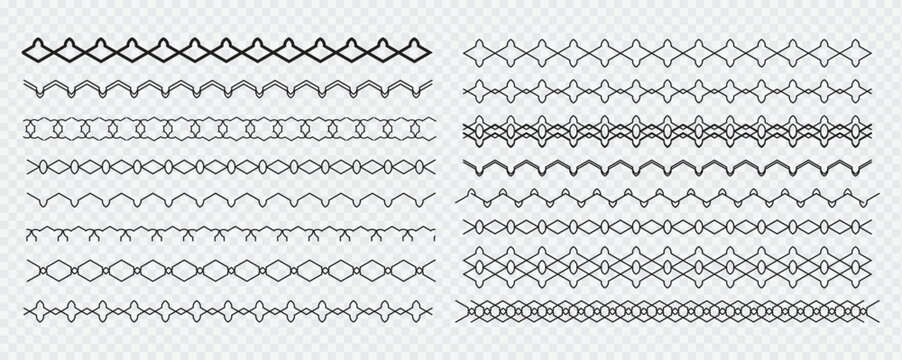 Set of decorative geometric pattern brush lines with black ornamental divider borders featuring seamless linear motifs in abstract diamond wave loop and lattice