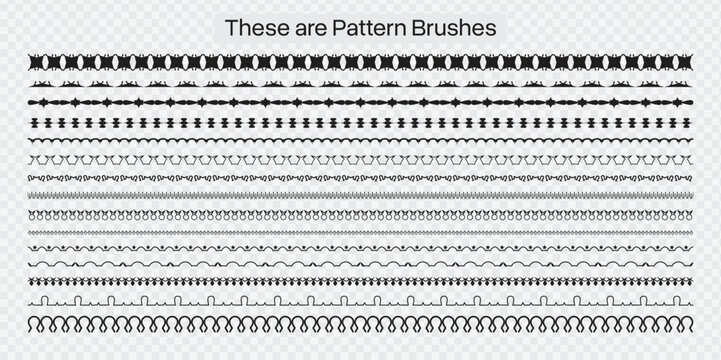 Set of decorative pattern brush lines with elegant black ornamental borders featuring geometric stitched dotted waved and abstract divider styles arranged as horizontal seamless elements.
