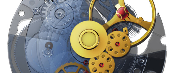 Detailed skeleton watch gears closeup with transparent elements, macro engineering view on a transparent background, 3d render