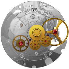 Skeleton watch mechanism with transparent components and golden gears, macro detail, 3d render