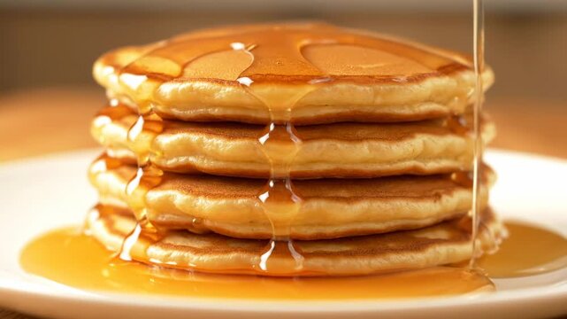 Stack of fluffy pancakes with flowing syrup, on a white plate