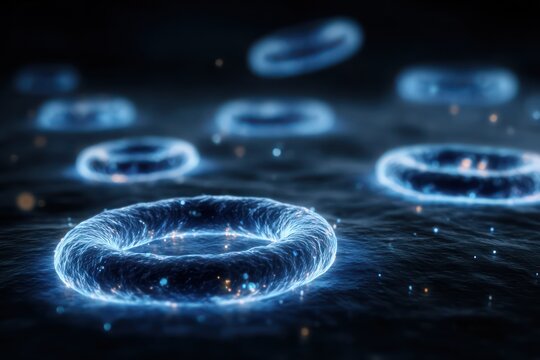 Blue glowing bacteria cells under microscope