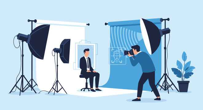 Professional photographer taking a portrait photo of a man in a business suit inside a modern studio with lights and backdrops.