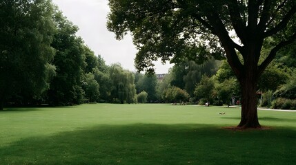 Obraz premium Expansive green park lawn under a bright hazy sky framed by lush trees with scattered people enjoying a peaceful afternoon of leisure