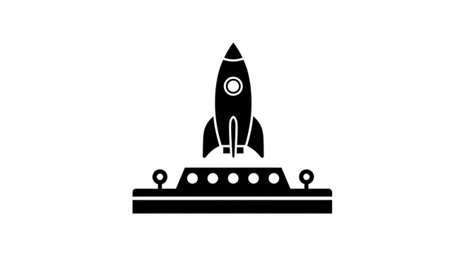 Black silhouette of a rocket launching from a platform isolated on white background