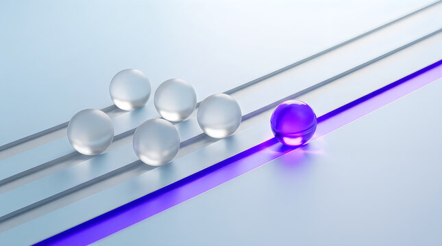 Glass balls on a metallic track with a purple light  technology concept