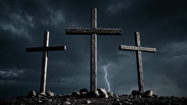 Three wooden crosses on a rocky hill under a stormy, cloudy sky