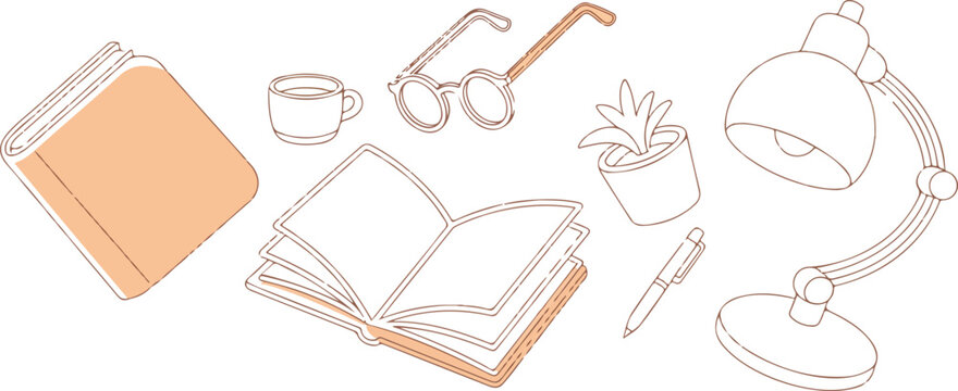 Study space flat lay illustration with open book eyeglasses desk lamp potted plant and coffee cup line art.