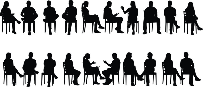 People sitting silhouettes collection, interview discussion concept, business meeting poses, human figures side view, communication teamwork, black white vector illustration
