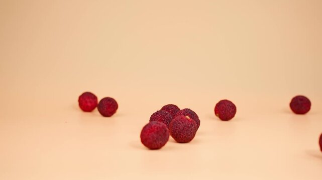 Macro Close-up of Fresh Red Yangmei Chinese Bayberries Falling and Rolling on Beige Background to Center, Single Fruit Focus, Food Commercial 