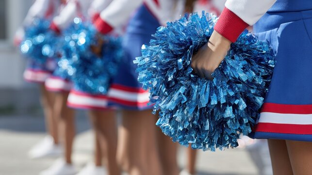 Close-up of cheerleader holding blue pom poms during practice. Detail of uniform and hands with group in background. Sports, motivation and team performance concept