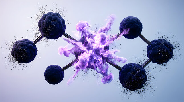 Molecule structure with purple explosion and particles on grey background