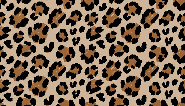 Seamless leopard print vector pattern brown, beige, black spots in natural tones. Stylish animal skin background for fashion, textile, wallpaper, packaging, and modern decorative design projects.