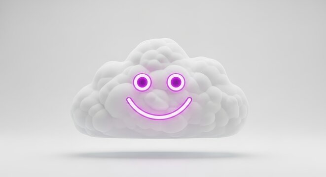 A white cloud with a purple smiley face on a gray background