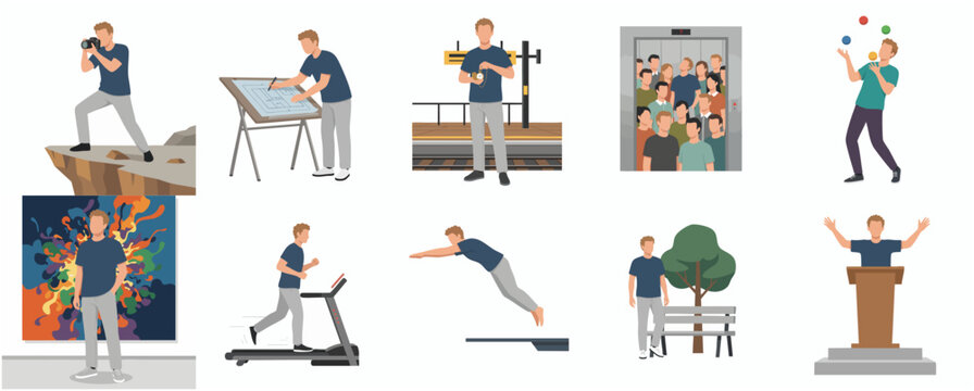 Flat Illustration Diverse People and Man in Everyday and Leisure Activities