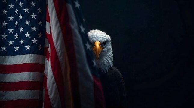 Majestic bald eagle standing proudly beside american flag symbol