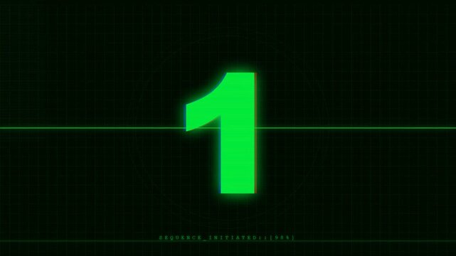 Cyberpunk Style Green Tech Countdown Timer, Futuristic Glitch Digital Numbers, Matrix Inspired 5 Second Counter for Video Intro.