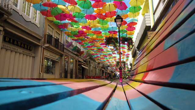 &Aacute;gueda, Portugal. Popular street filled with colorful umbrellas