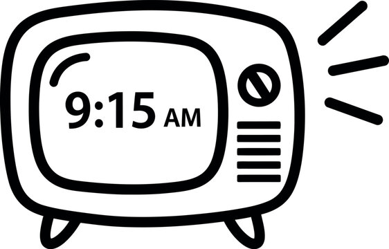Black and white illustration of a vintage television set displaying the time 915 am