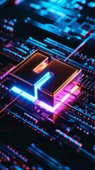 Fototapeta premium Futuristic neon-lit circuit board with metallic letter H