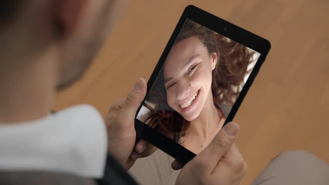 Romantic couple flirting video call computer in flat closeup. Girl sending kiss