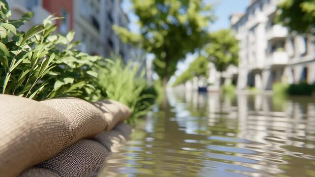 Water floods a city street beside plants and sandbags.