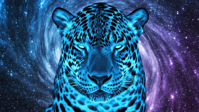 A stunning blue leopard gazes directly at the viewer surrounded by a vibrant swirling galaxy