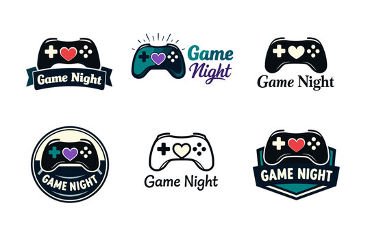 Colorful game night logos featuring game controllers and heart icons