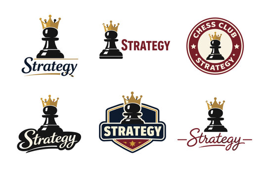 Chess strategy logos featuring pawn with crown emblem in red and black designs