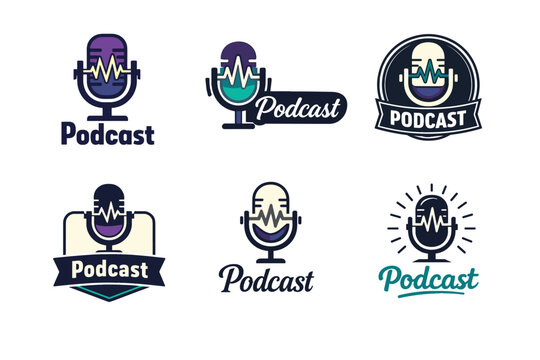 Set of colorful podcast logos with microphone icons and wave designs