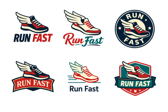 Vector logos of winged sneakers with run fast text in various designs