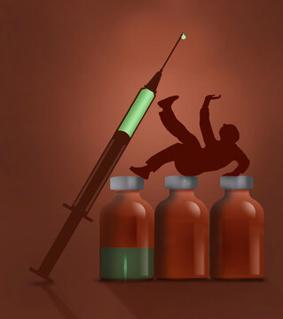 A man struggles trying to reject drugs from a syringe and empty medicine injection bottles in a 3-d illustration about drug addiction.