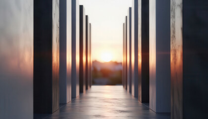 Fototapeta premium tall, rectangular structures lined along a pathway, leading towards a sunset. The vibrant sunset casts shadows on the structures and illuminates the pathway.