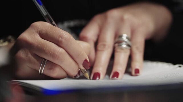 Concentrated Female Student Writing Exam or Notes with Pen Close-up
